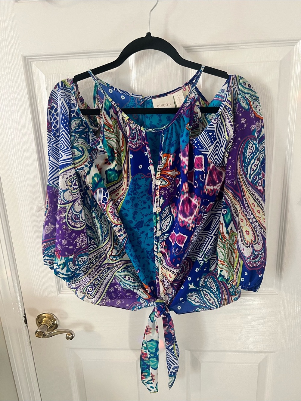 Chico's Multicolor Blue Purple Paisley Cold-Shoulder Tie-Front Blouse